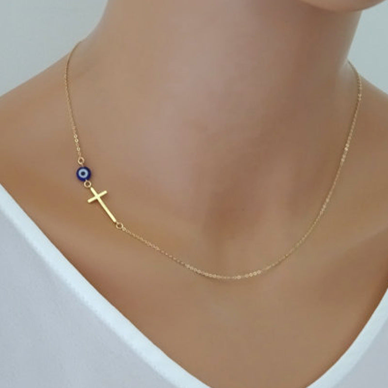 Cross blue eyes clavicle women's necklace