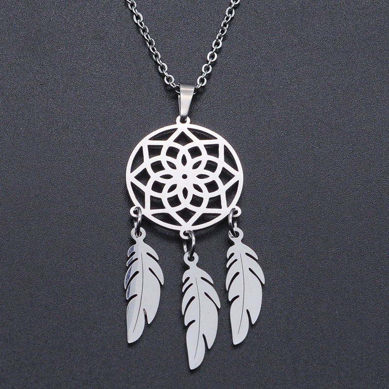 Openwork Dream Catcher Tassel Feather Pendant Titanium Steel Fine Chain Necklace