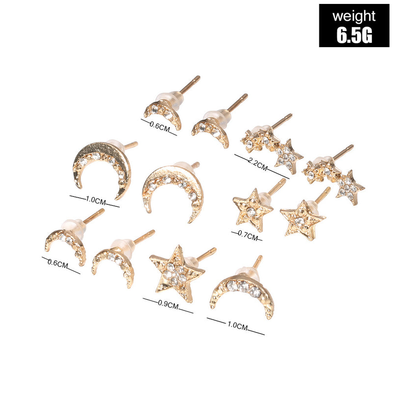 Stars And Moon With Diamonds 6 Pairs Of Stud Earrings