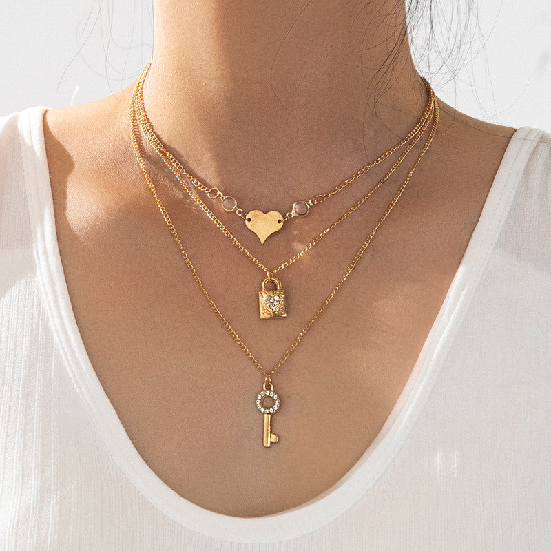 Geometric Key Lock-shaped Pendant Chain Love Heart Necklace Three-piece Set