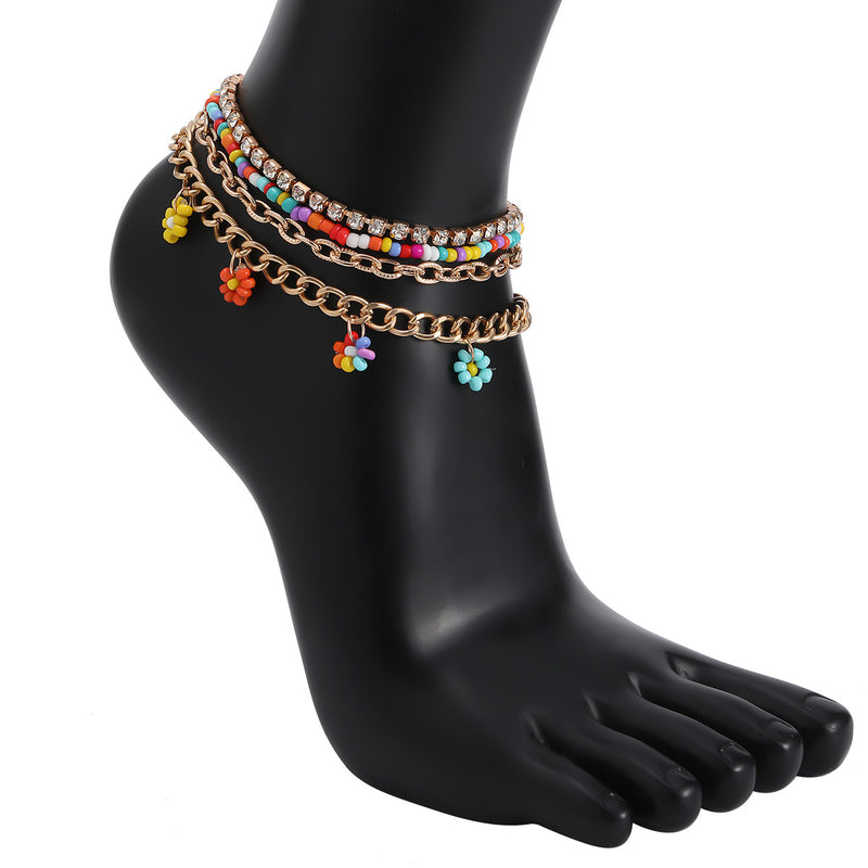 Handmade Rice Beads With Diamonds Multi-layer Daisy Anklet