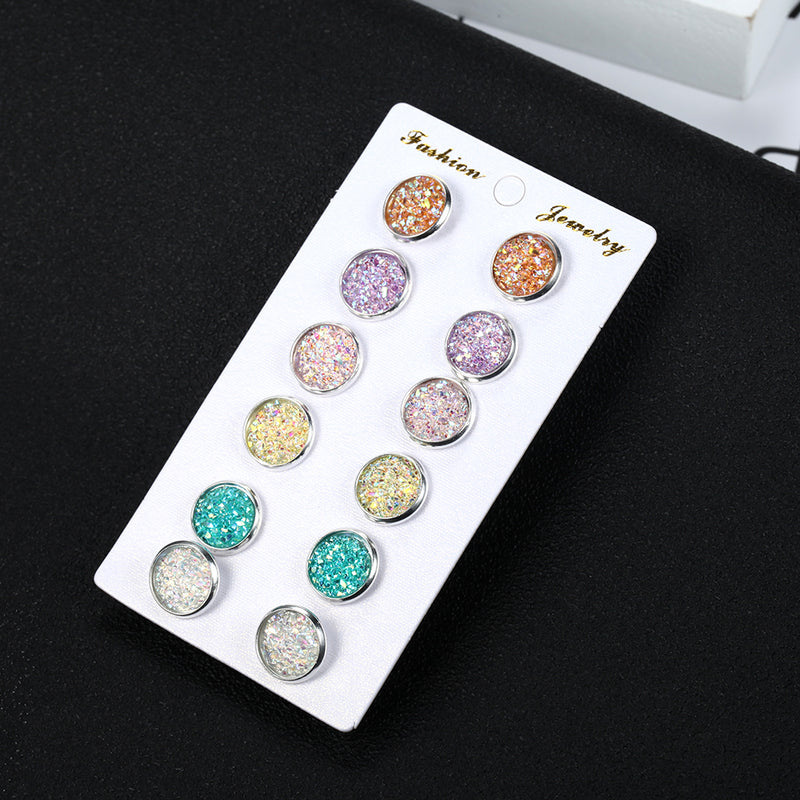 European And American Fashion Colorful Round Earrings Combination One Card 6 Pairs Set