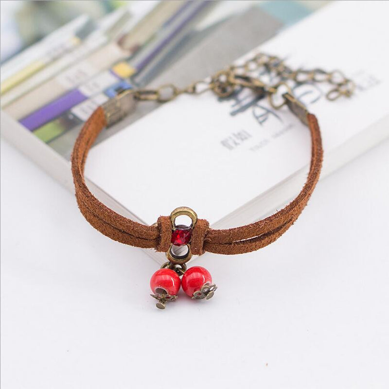 Female's Korean Multi-Layered Crystal Sweet Red Water Droplets Leather Rope With Small Cherry Charm Bracelet