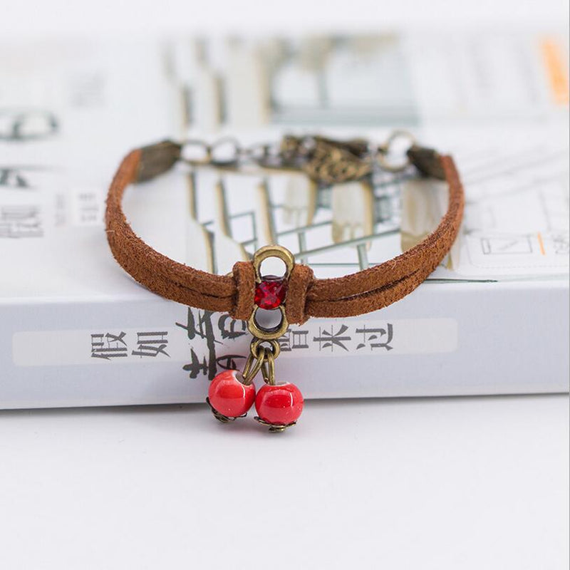 Female's Korean Multi-Layered Crystal Sweet Red Water Droplets Leather Rope With Small Cherry Charm Bracelet