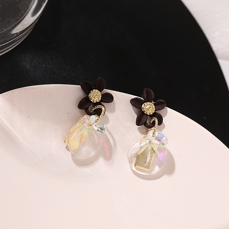 Korea Flower Square Crystal Earrings 925 Silver Post