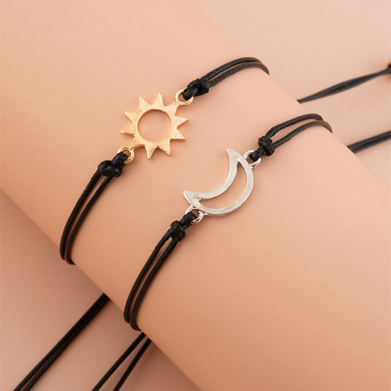 Simple Alloy Sun And Moon Wax Wire Weaving Adjustable Card Lovers Bracelet