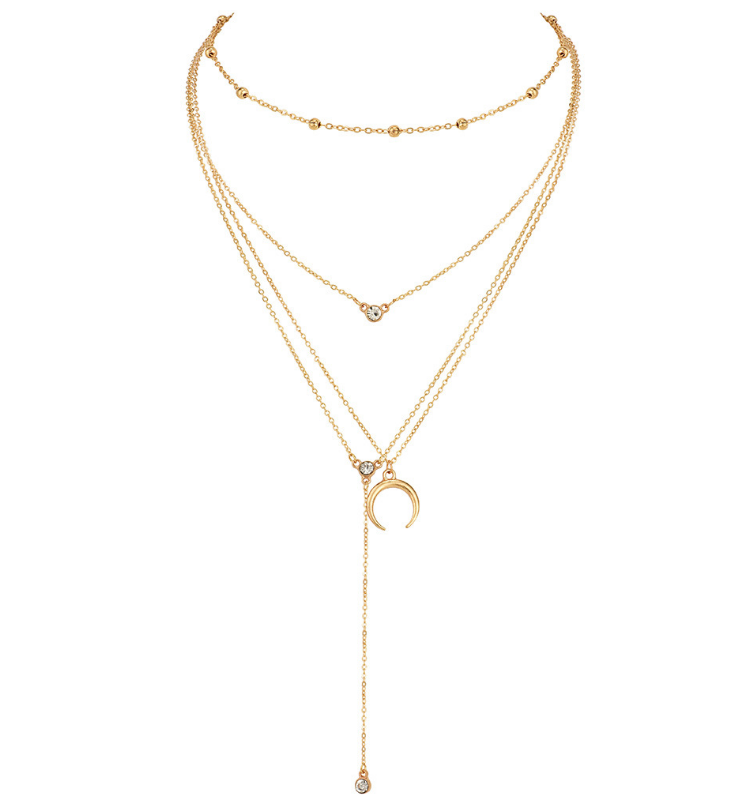 Bead Chain Diamond Moon Pendant Multi-layer Women's Necklace