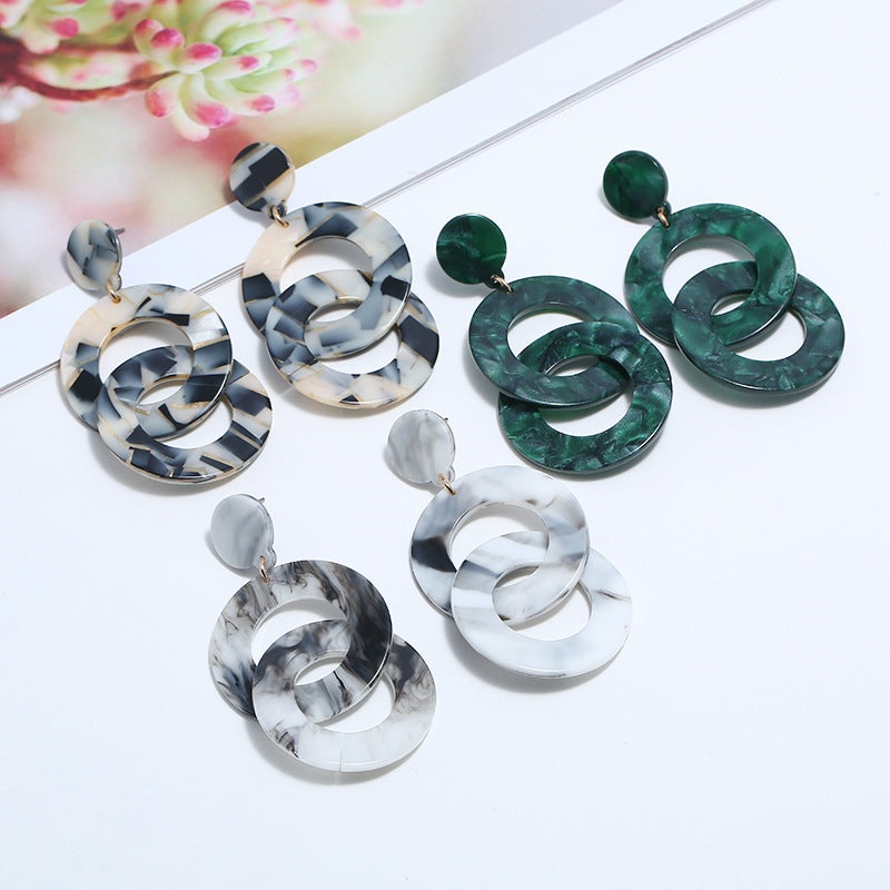 Long geometric double ring round earrings