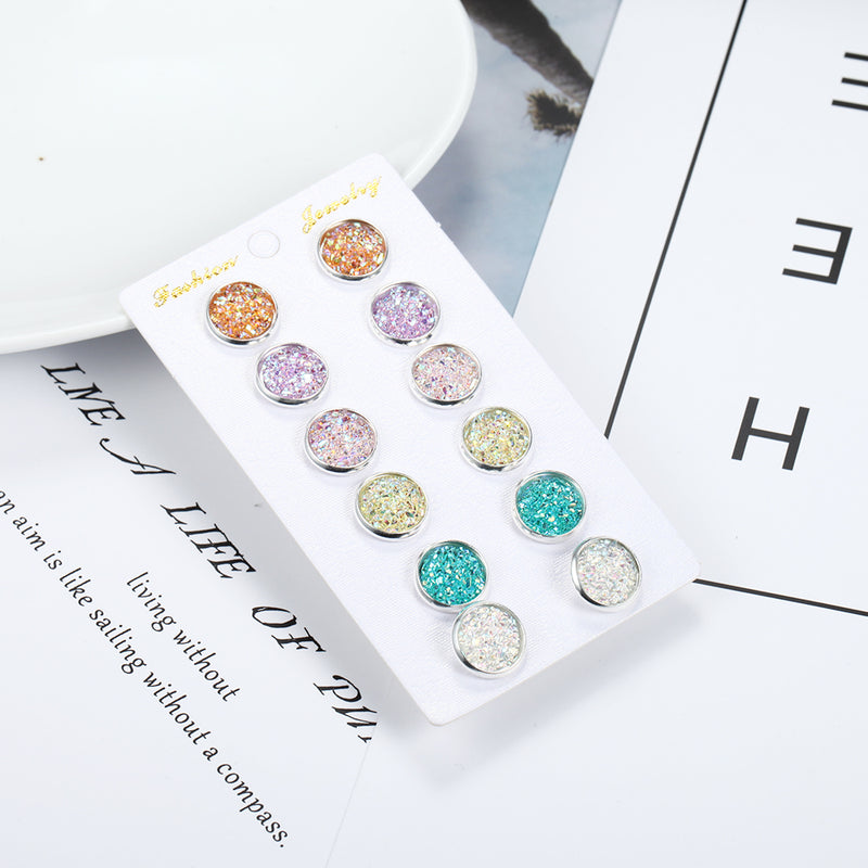 European And American Fashion Colorful Round Earrings Combination One Card 6 Pairs Set