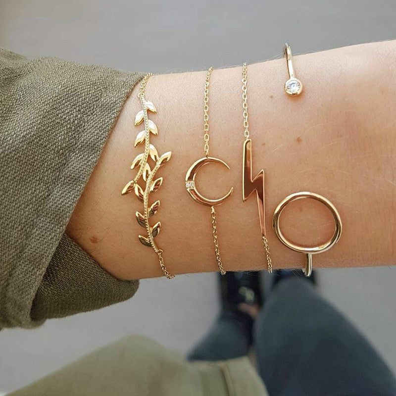 European And American Style,  Women's New Creative Lightning, Leaves & Moon Bracelet Set