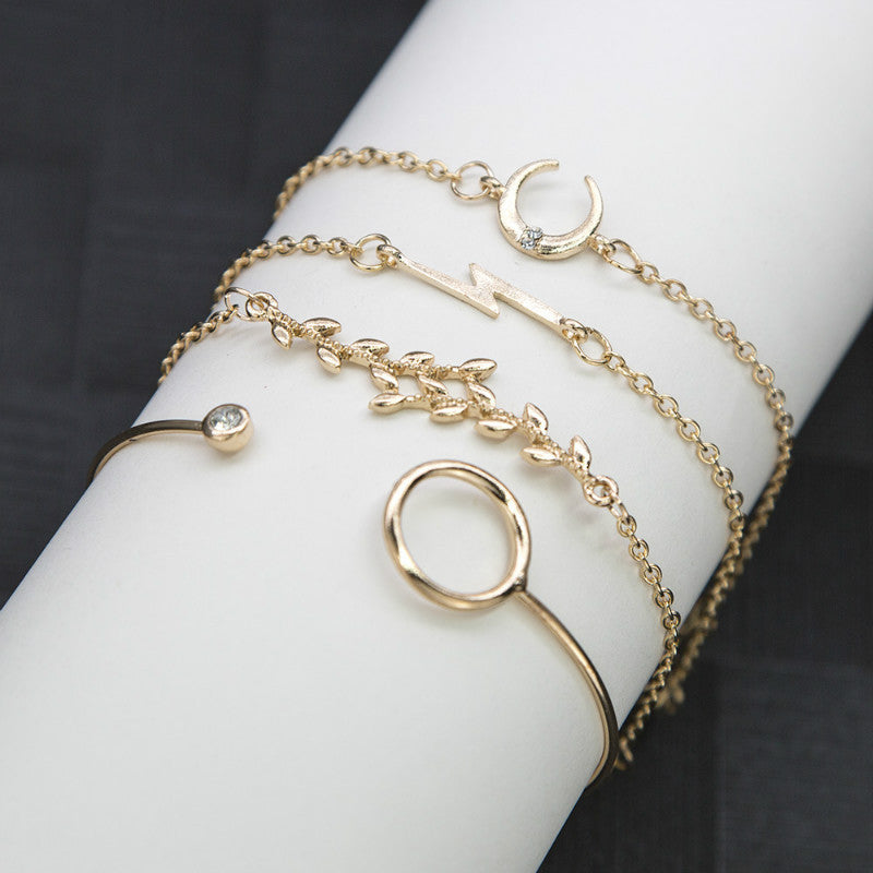 European And American Style,  Women's New Creative Lightning, Leaves & Moon Bracelet Set