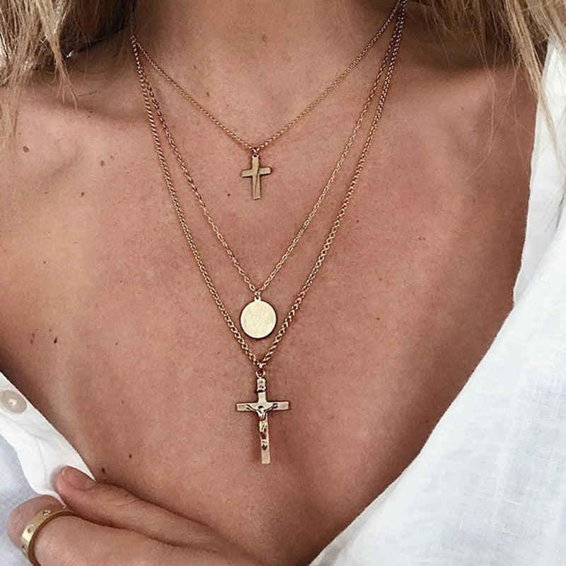 Multilayer Cross Disc Pendant Necklace