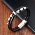 Black Leather Rope Cowhide Men's Double Layer Stainless Steel
