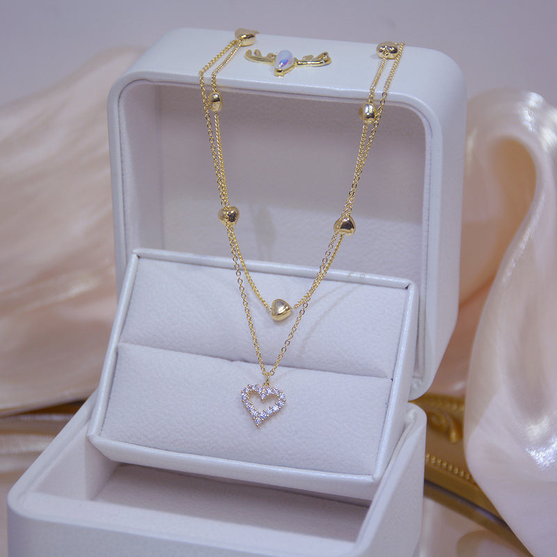 Women's Double Zircon Love Heart Clavicle Chain