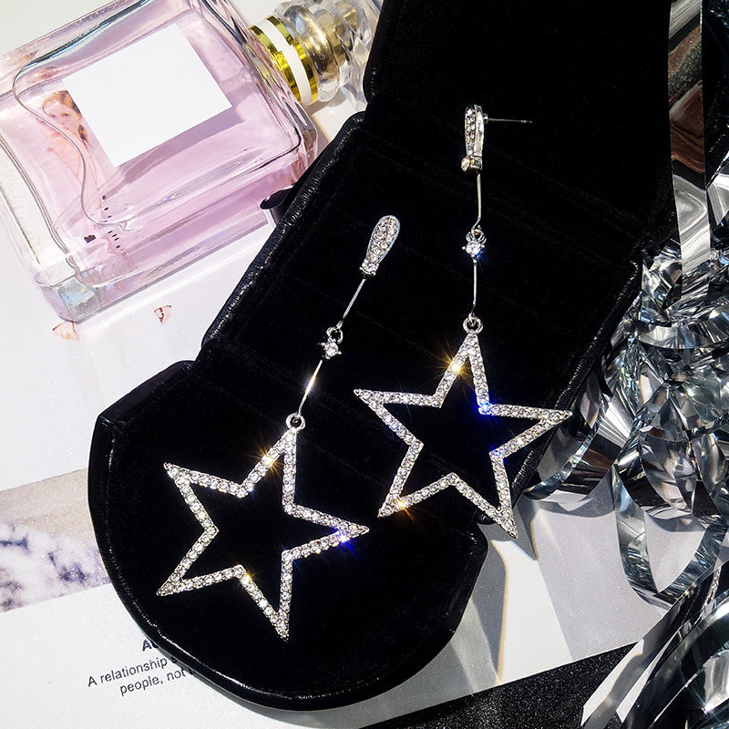Pentagram Rhinestone Fashion Long Temperament Star Stud Earrings