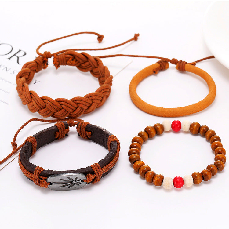 Multi-piece Cowhide Leather Bracelet With Leaf Charm