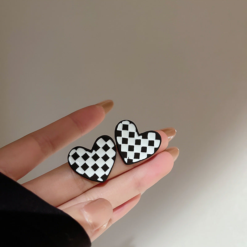 Silver Needle Geometry Drop Oil Checkered Love Stud Earrings Temperament