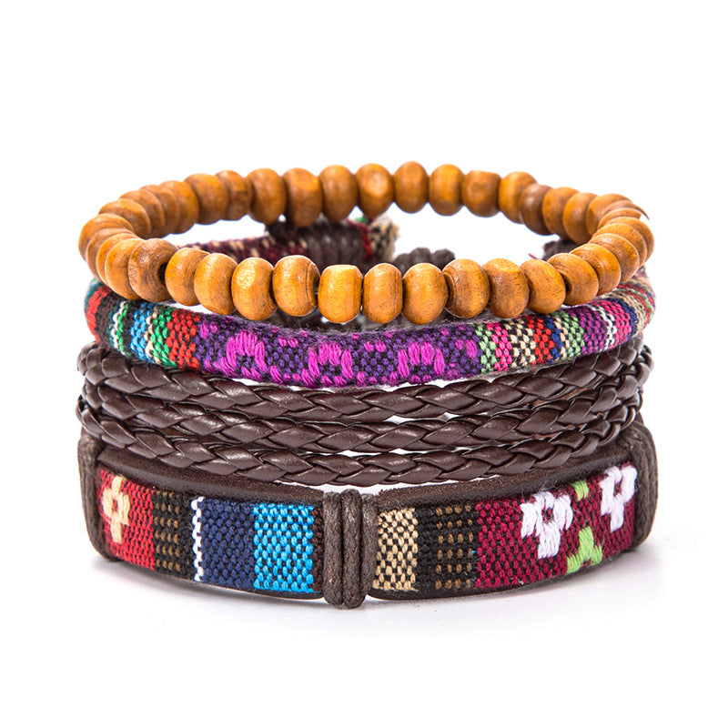 Retro Ethnic Style Cowhide with Simple Beaded Weaving Bracelet