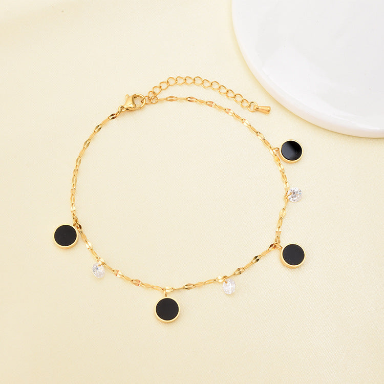 Water Wave Chain Zircon Anklet Small Black Round Pendant Gold Girl Anklet