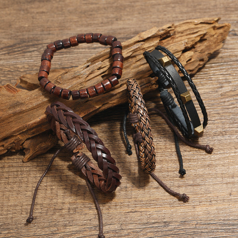 New European And American Fashion Bracelet Retro Braided Leather Rope Set