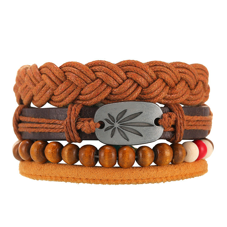 Multi-piece Cowhide Leather Bracelet With Leaf Charm