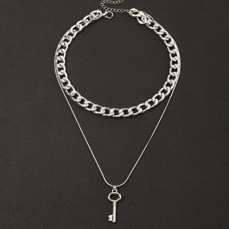 Simple Key Double-layer Necklace With Chain Metal Texture