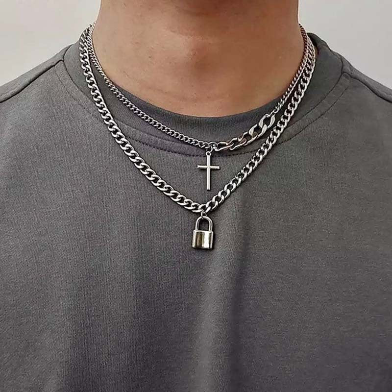 Cross Padlock Necklace Hip Hop Simple Cool Handsome Stitching Double Clavicle Chain