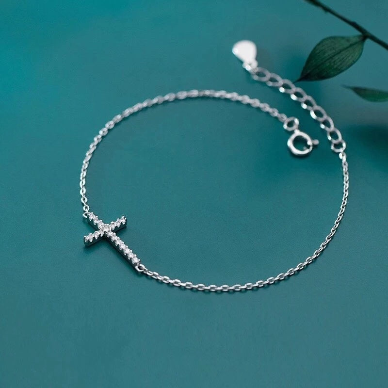 Women's Sterling Silver Cross Zircon Stone Crystal Bracelet