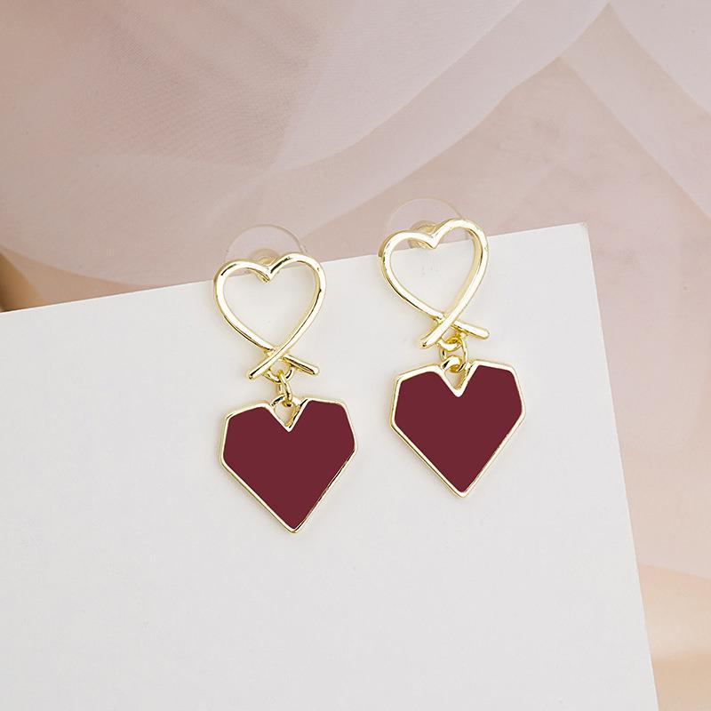 S925 Silver Needle Wine Red Heart Love Stud Earrings