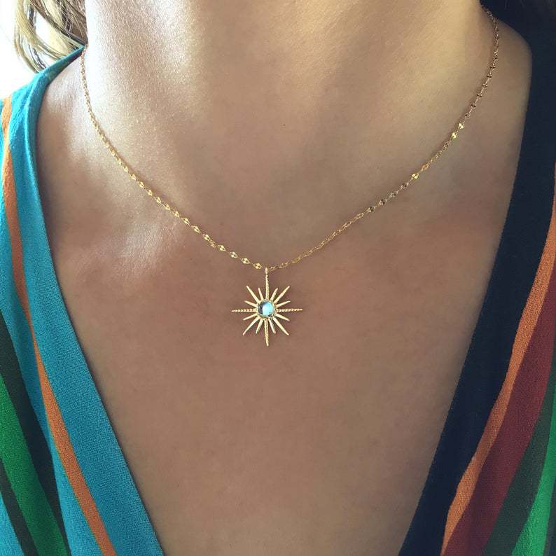 Boho Synthetic Opal Necklace Gold Sun God