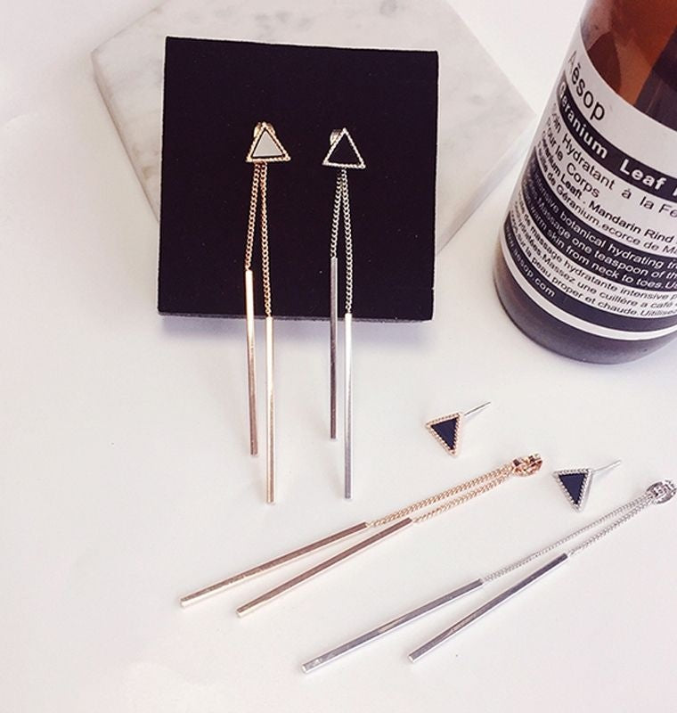 Geometric triangle, a pair of tassel earrings