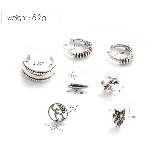 7Pack Earrings Bohemia Ancient Ship Anchor, Leaf Owl Earrings Kit