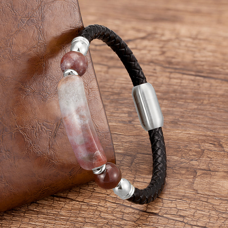 Curved Stone Leather Rope Braided Bracelet