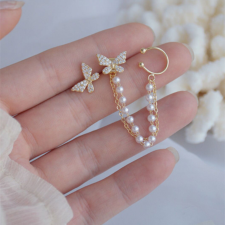 Two-piece Butterfly Ear Bone Clip Earrings One-piece Pearl Chain