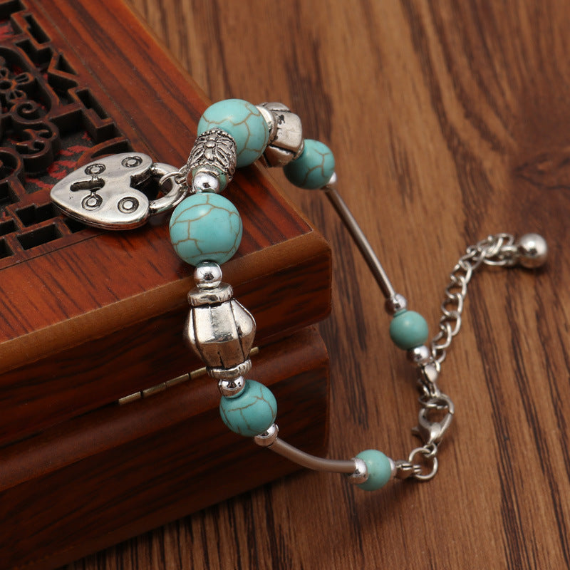 Heart-shaped Lock Pendant Vintage Turquoise Beaded Bracelet