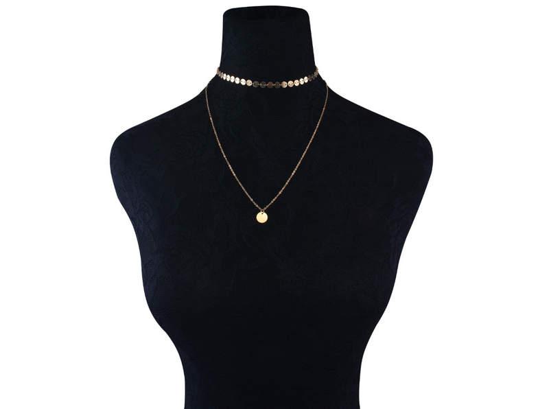 Copper Handmade Sequined Collar Double Gold Plated Chain Necklace