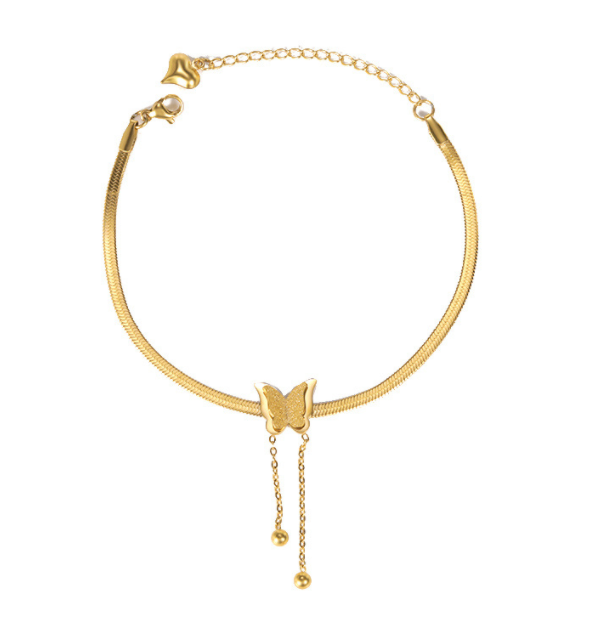 Women's Gold Titanium Steel Tassel Beanie Butterfly Anklet