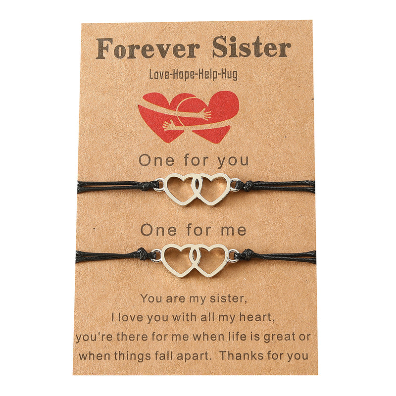 Good Sisters Card Alloy Double Heart Wax Line Bracelet