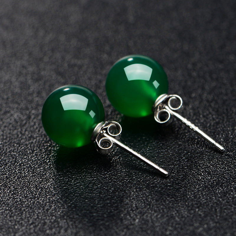 Green Chalcedony Stud Earrings Female Korean Copper Silver Plated Red Agate Gemstone Crystal Earrings