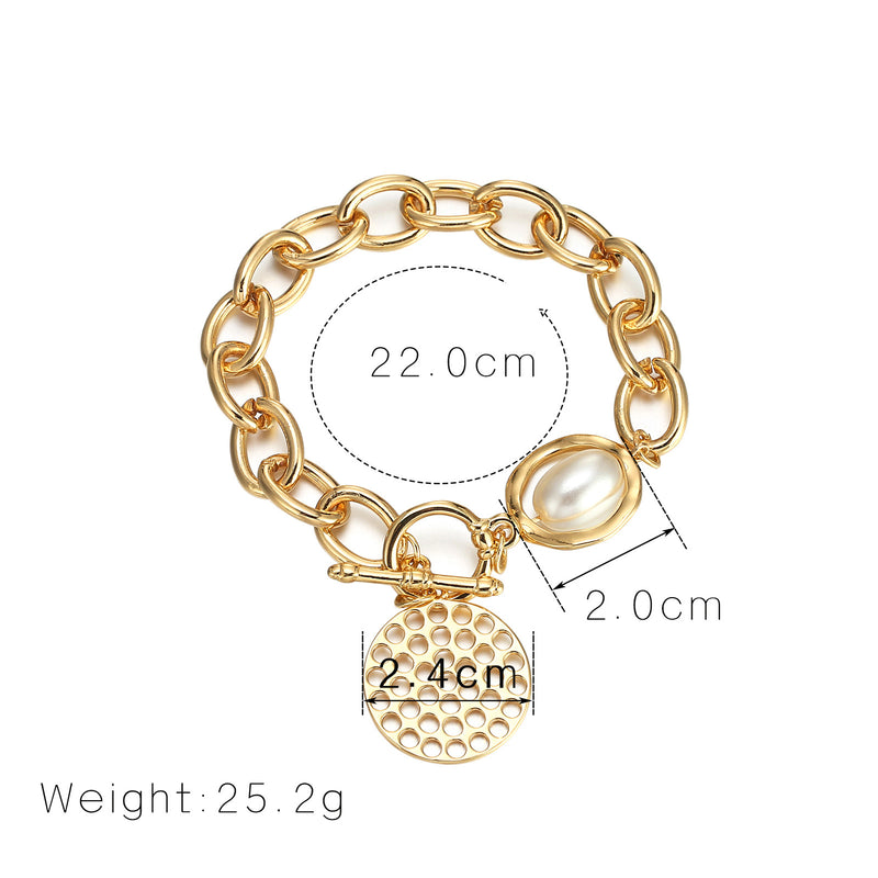 Chain Pearl OT Buckle Hollow Disc Bracelet