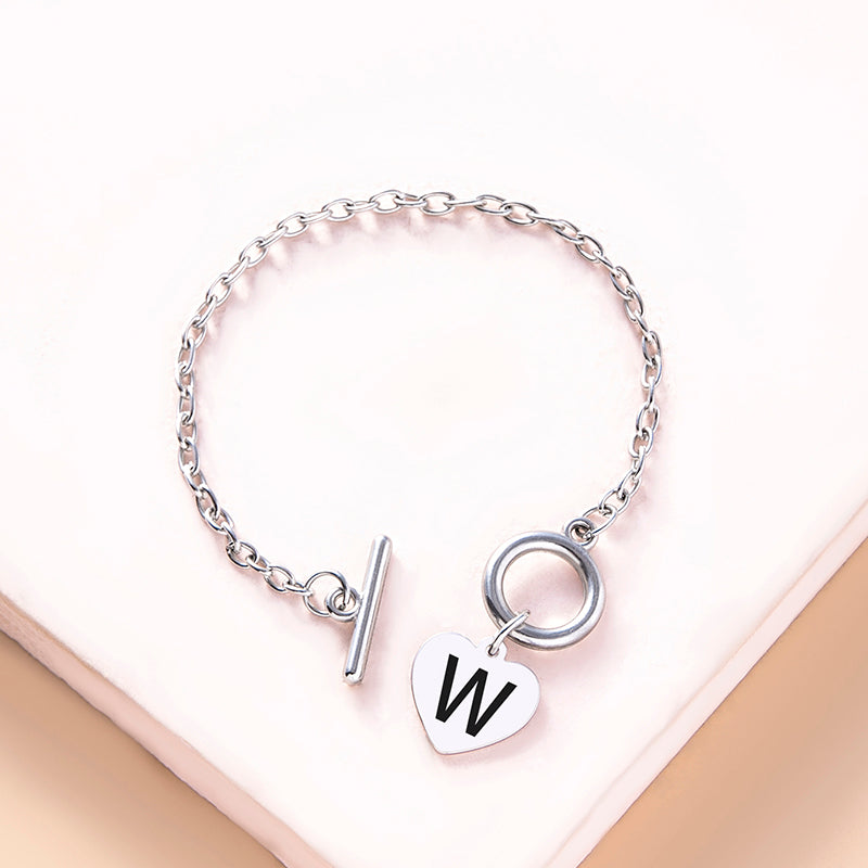 Silver Color Link Chain OT Buckle Clasp Bracelet 26 Initial Letter Heart Charms Bracelets For Women Girls