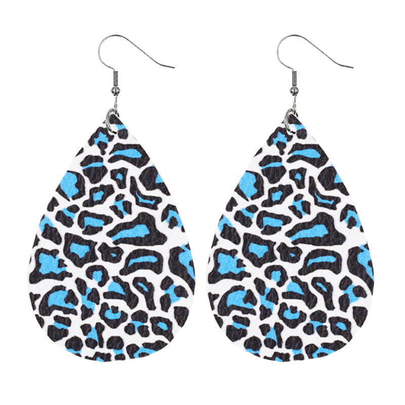 Leather Earrings With Drop-shaped Leopard Print On Both Sides