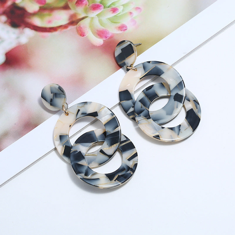 Long geometric double ring round earrings