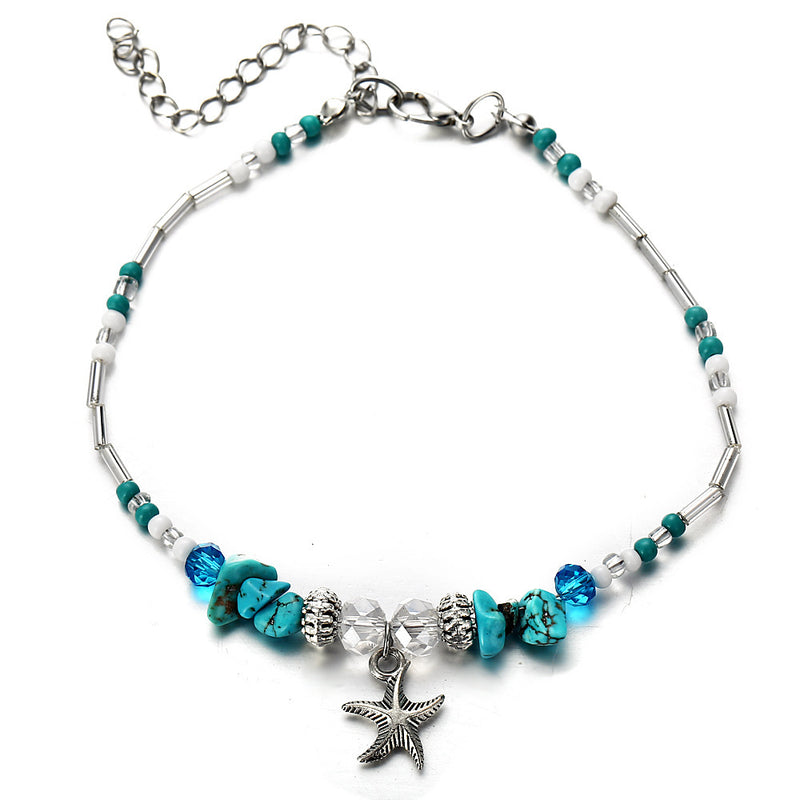 Minimalist Starfish with Green & Blue Accents Beaded Anklet