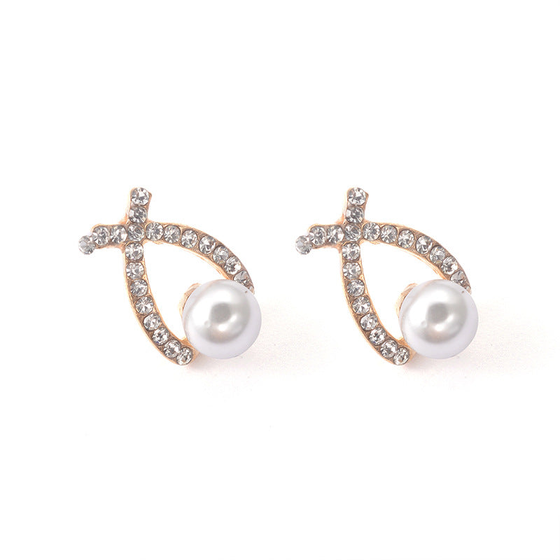 Cross Pearl Sparkling Diamond Stud Earrings Exquisite Fashion