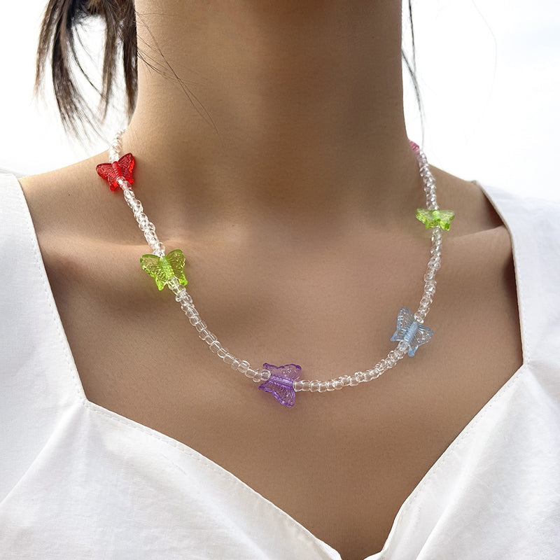 Temperament Simple Crystal Color Butterfly Necklace