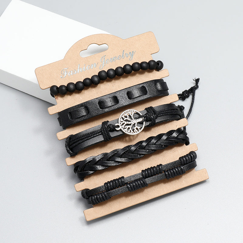 Personality Handmade Weave Vintage Leather Bracelet Diy5 Piece Set Lucky Tree Set Bracelet
