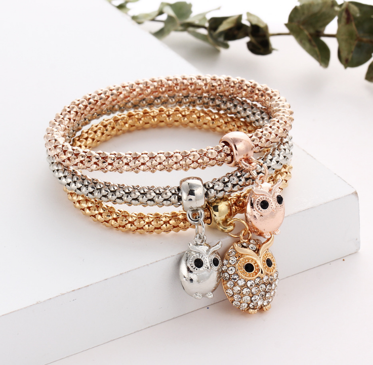 3 Pieces Set Crystal Bead Bracelet for Women Decorated with Crystal Owl Charm