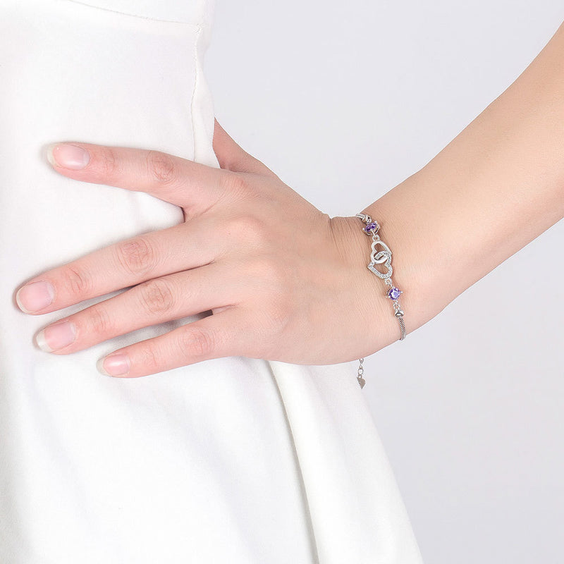 Women's Silver Plated Natural Amethyst Heart Bracelet