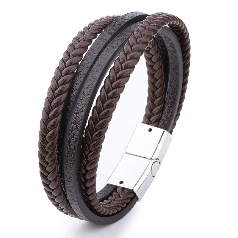 Men's Fashion Hand Braided Leather Cord Alloy Magnetic Clasp Bracelet